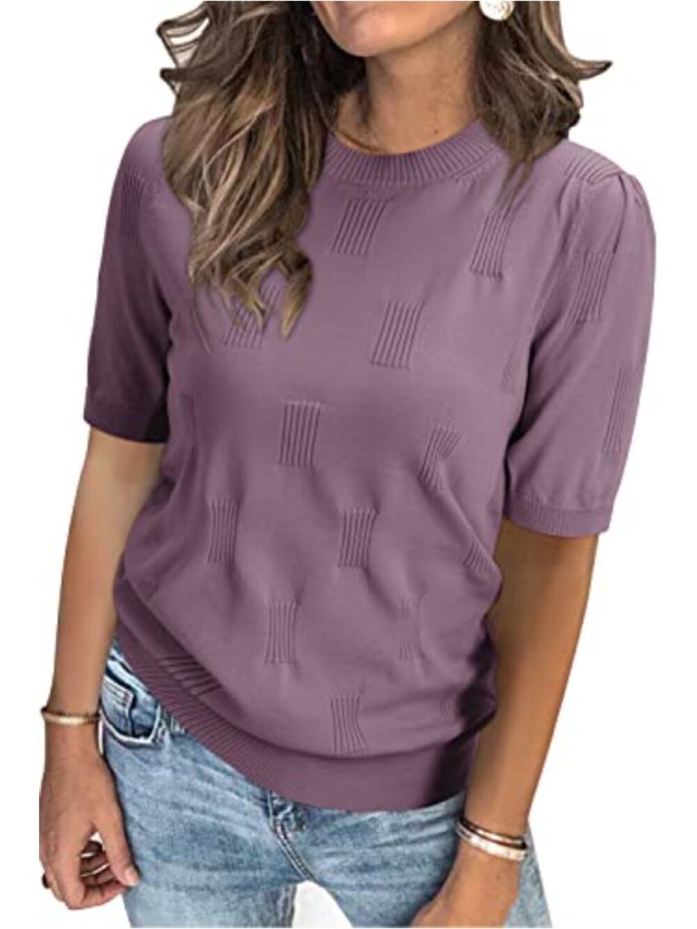 Women's Short Sleeve Crew Neck Ribbed Knit Sweater Teacher Work Top